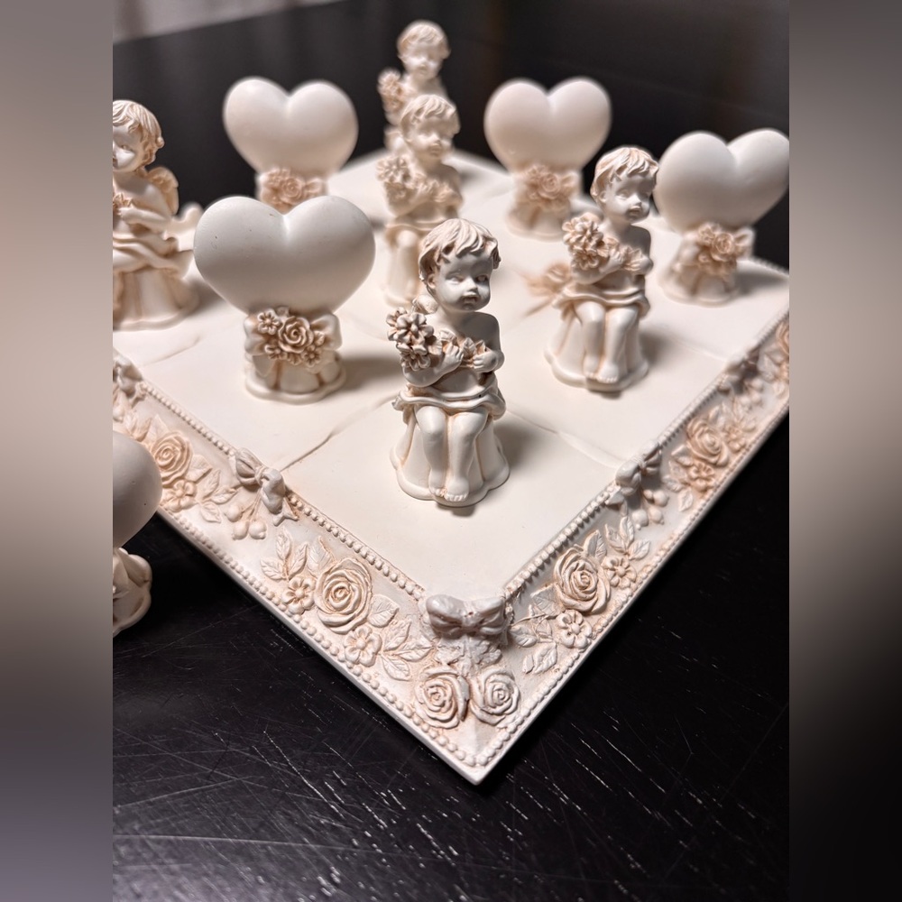 Valentines Day Decor Gift Ceramic Cherub Angel Tic Tac Toe Hearts & Roses NWOB